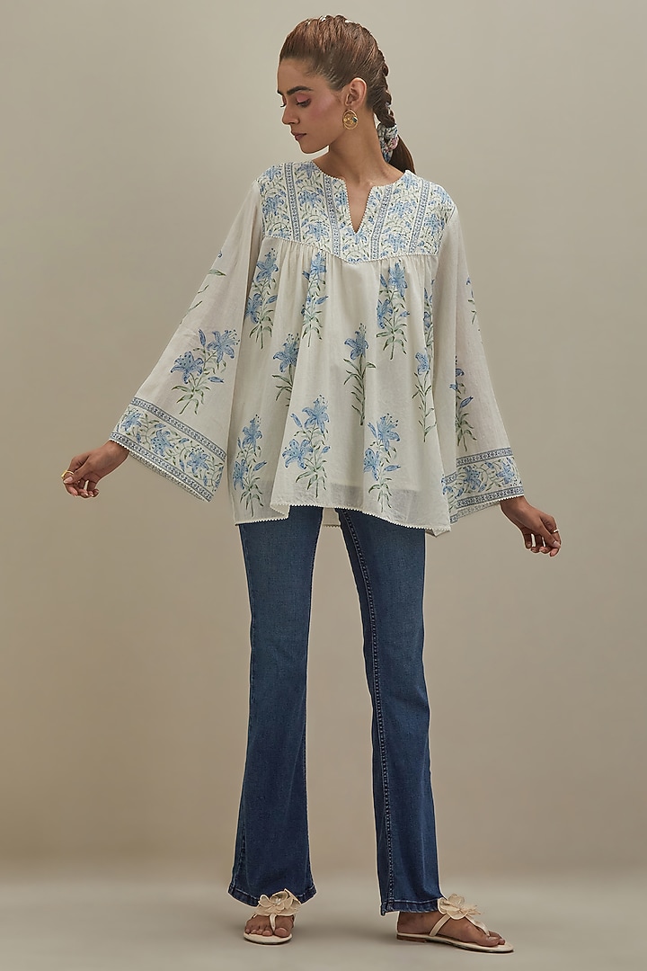 Off-White & Blue Cotton Hand Block Printed Top by Kora at Pernia's Pop Up Shop