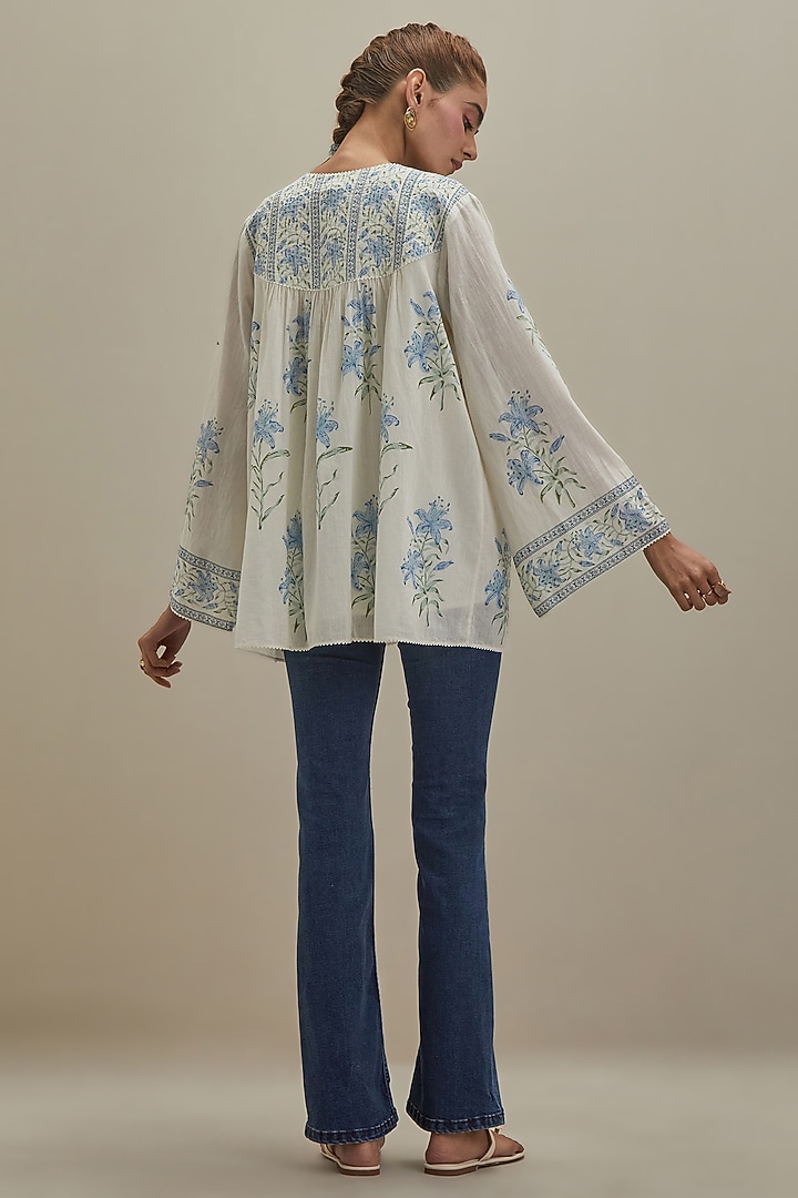 Off-White & Blue Cotton Hand Block Printed Top by Kora at Pernia's Pop Up Shop