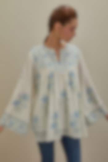 Off-White & Blue Cotton Hand Block Printed Top by Kora at Pernia's Pop Up Shop