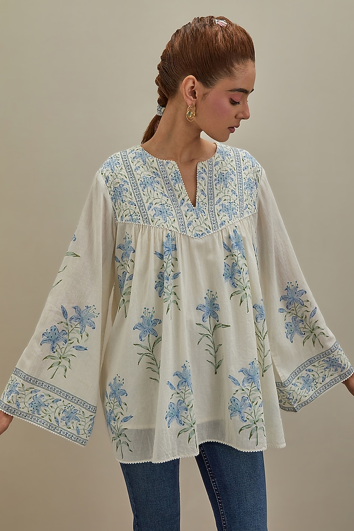 Off-White & Blue Cotton Hand Block Printed Top by Kora at Pernia's Pop Up Shop