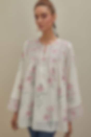 Off-White & Pink Cotton Hand Block Printed Top by Kora at Pernia's Pop Up Shop
