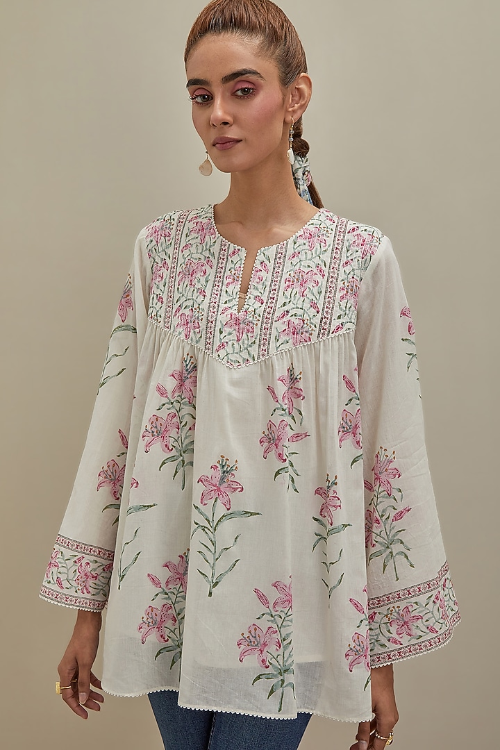 Off-White & Pink Cotton Hand Block Printed Top by Kora at Pernia's Pop Up Shop