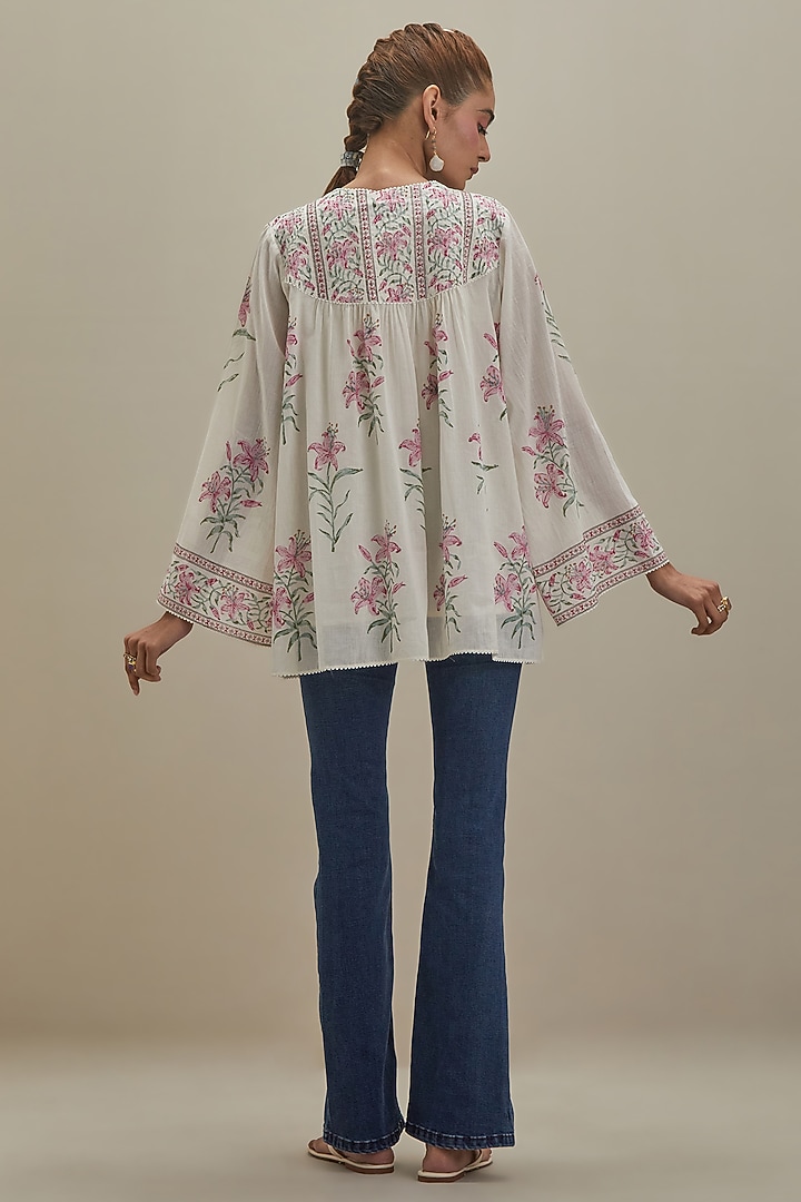 Off-White & Pink Cotton Hand Block Printed Top by Kora at Pernia's Pop Up Shop