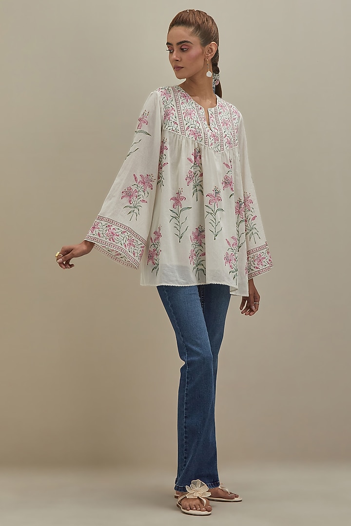 Off-White & Pink Cotton Hand Block Printed Top by Kora at Pernia's Pop Up Shop