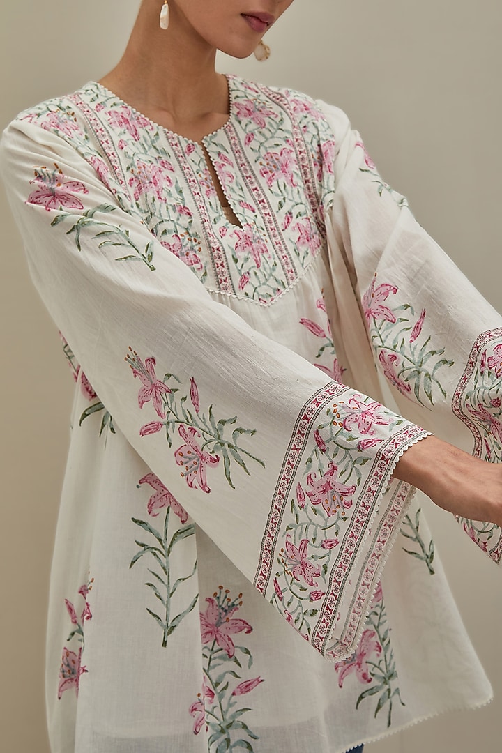 Off-White & Pink Cotton Hand Block Printed Top by Kora at Pernia's Pop Up Shop