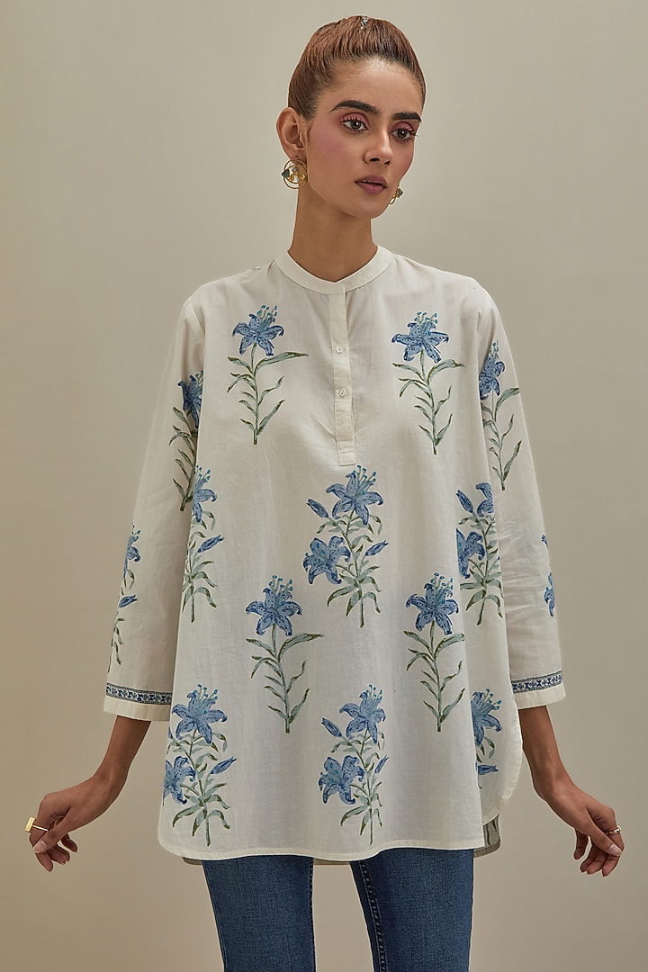 Off-White & Blue Cotton Hand Block Printed Kurta by Kora at Pernia's Pop Up Shop