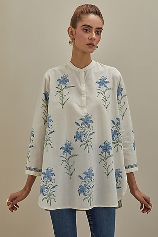 Off-White & Blue Cotton Hand Block Printed Kurta by Kora