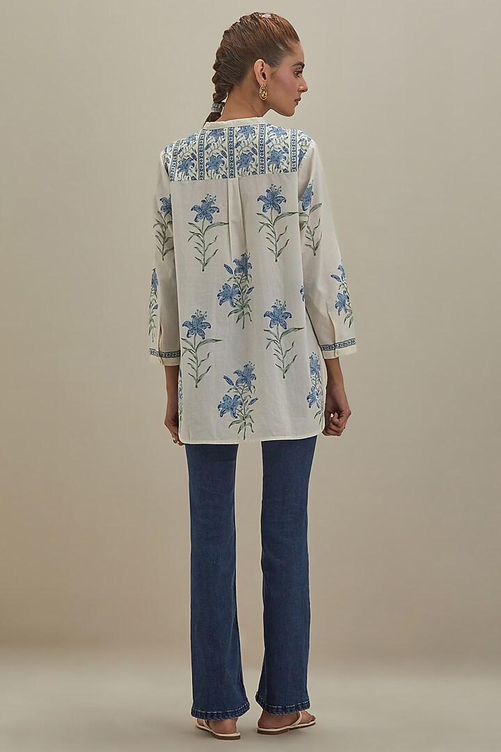 Off-White & Blue Cotton Hand Block Printed Kurta by Kora at Pernia's Pop Up Shop