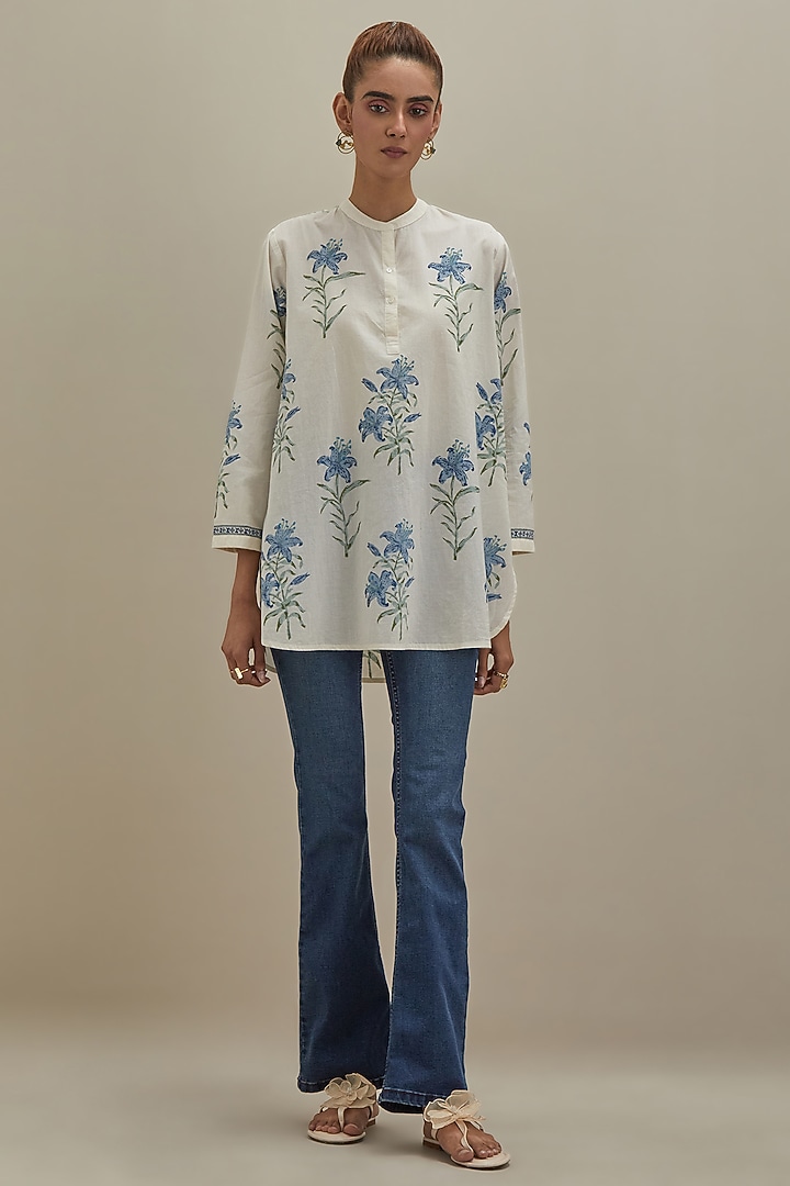 Off-White & Blue Cotton Hand Block Printed Kurta by Kora at Pernia's Pop Up Shop