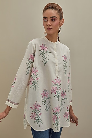 Off-White & Pink Cotton Hand Block Printed Kurta by Kora