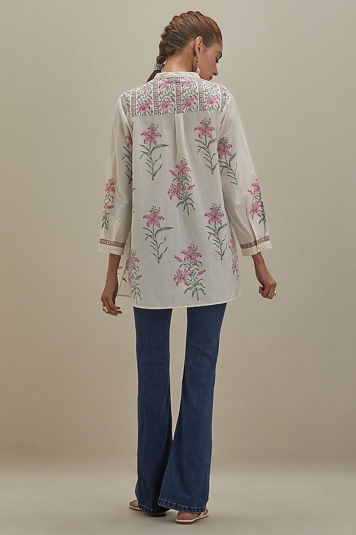 Off-White & Pink Cotton Hand Block Printed Kurta by Kora at Pernia's Pop Up Shop
