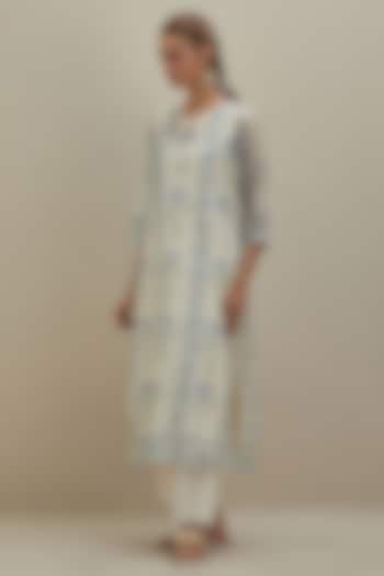 Off-White & Blue Cotton Hand Block Printed Kurta by Kora at Pernia's Pop Up Shop
