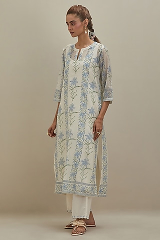 Off-White & Blue Cotton Hand Block Printed Kurta by Kora