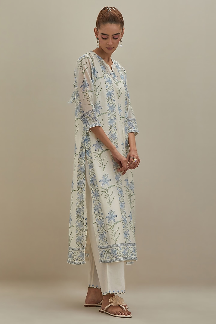 Off-White & Blue Cotton Hand Block Printed Kurta by Kora at Pernia's Pop Up Shop
