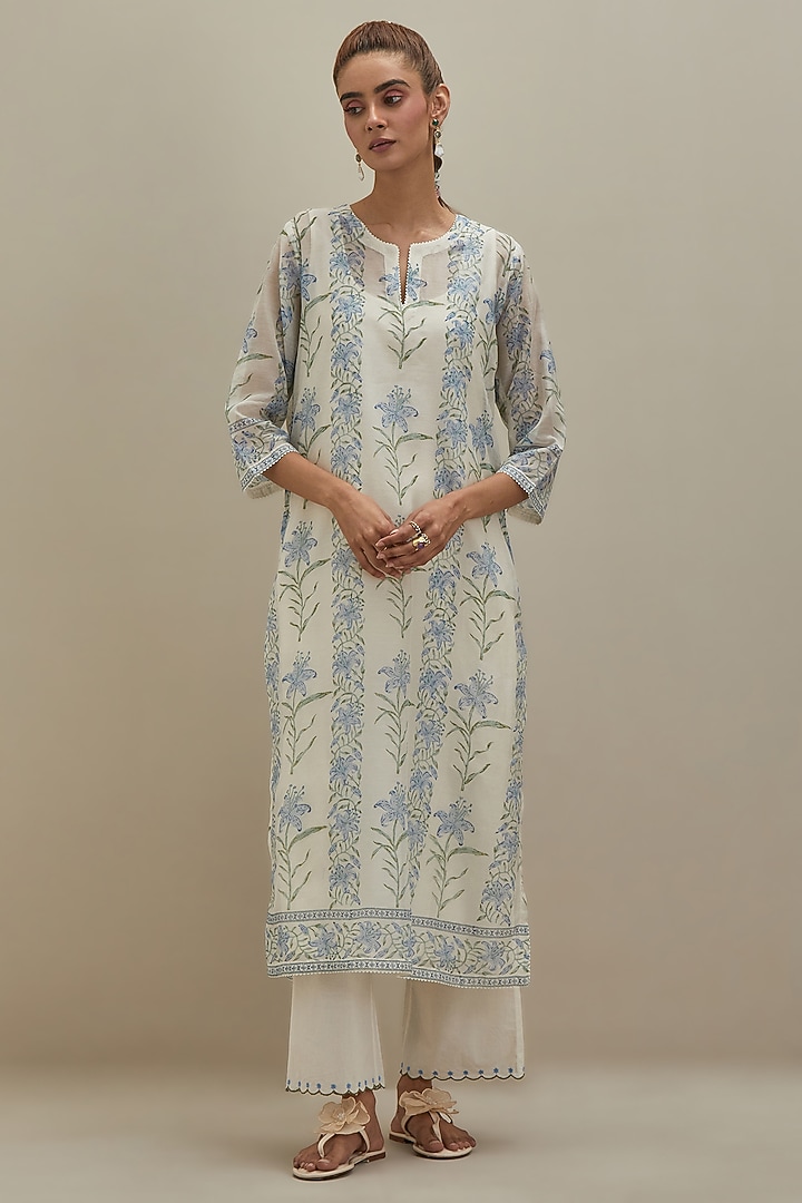 Off-White & Blue Cotton Hand Block Printed Kurta Set by Kora at Pernia's Pop Up Shop
