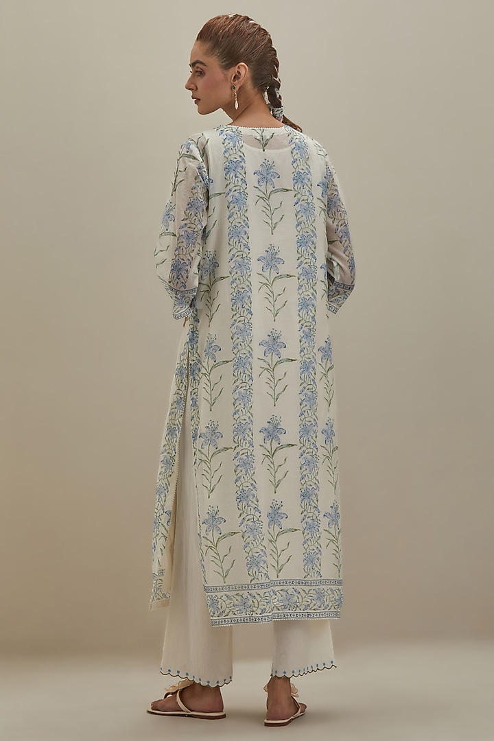 Off-White & Blue Cotton Hand Block Printed Kurta Set by Kora at Pernia's Pop Up Shop