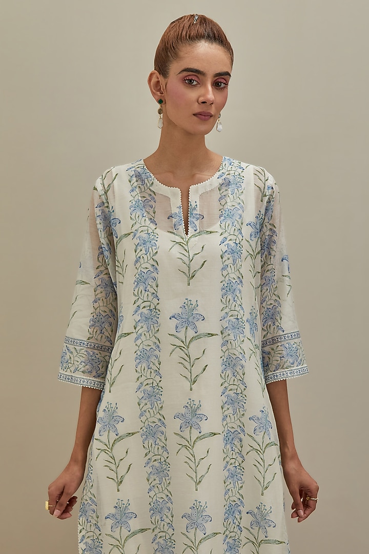 Off-White & Blue Cotton Hand Block Printed Kurta Set by Kora at Pernia's Pop Up Shop