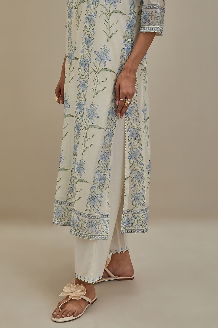 Off-White & Blue Cotton Hand Block Printed Kurta Set by Kora at Pernia's Pop Up Shop