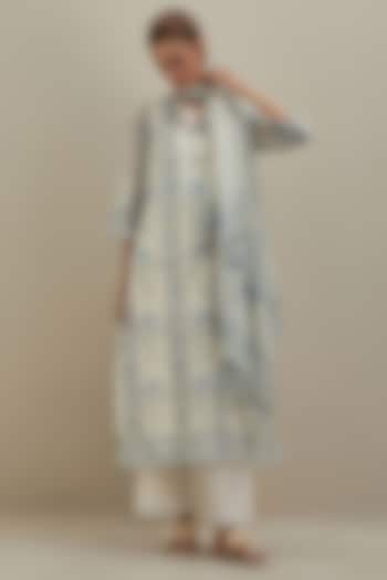 Off-White & Blue Cotton Hand Block Printed Kurta Set by Kora at Pernia's Pop Up Shop