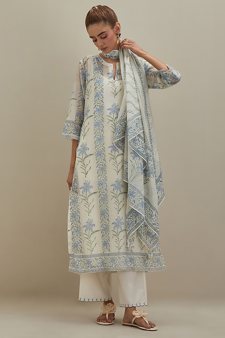 Off-White & Blue Cotton Hand Block Printed Kurta Set by Kora at Pernia's Pop Up Shop