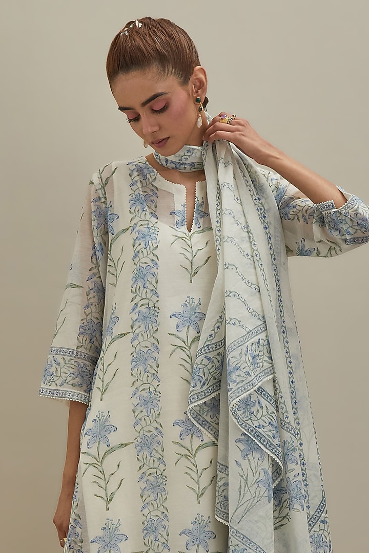 Off-White & Blue Cotton Hand Block Printed Kurta Set by Kora at Pernia's Pop Up Shop