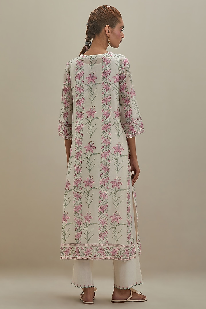 Off-White & Pink Cotton Hand Block Printed Kurta by Kora at Pernia's Pop Up Shop