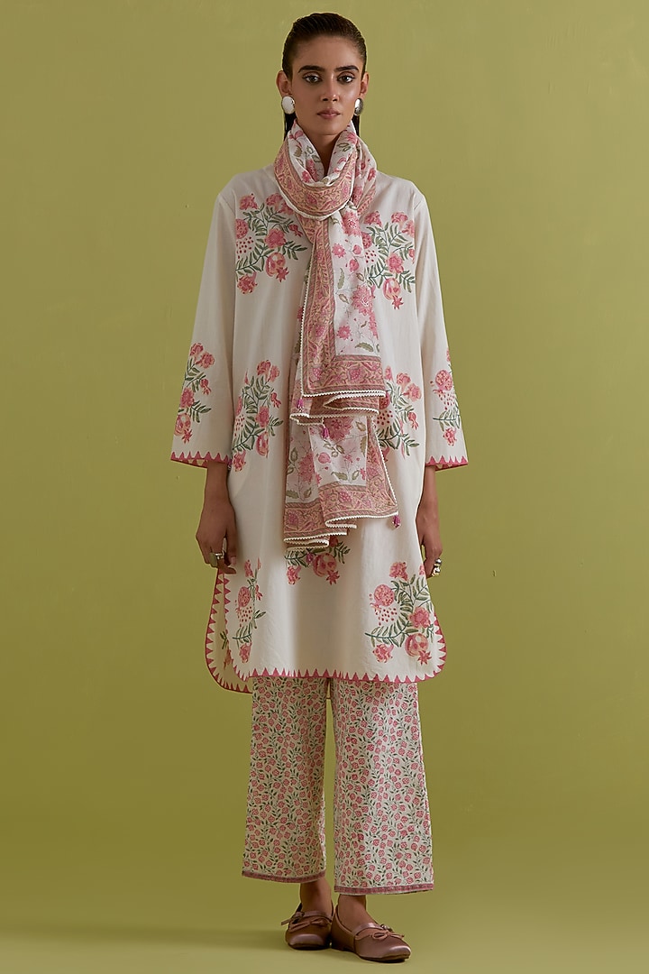 Off-White Cotton Hand-Block Printed Kurta Set by Kora at Pernia's Pop Up Shop