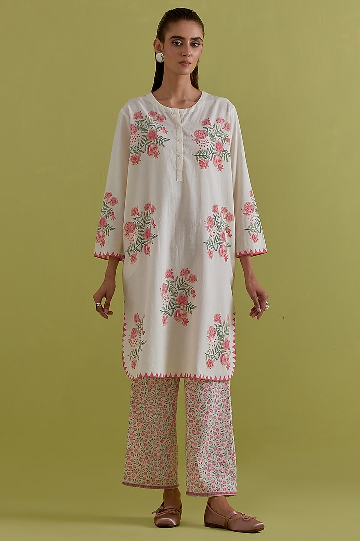 Off-White Cotton Hand-Block Printed Kurta Set by Kora at Pernia's Pop Up Shop