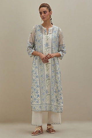 Off-White Cotton Chanderi Floral Hand Block Printed Kurta by Kora