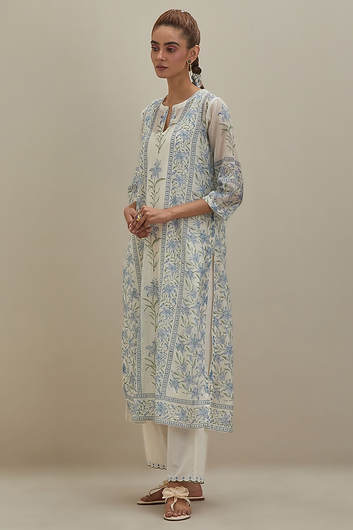 Off-White Cotton Chanderi Floral Hand Block Printed Kurta Set by Kora at Pernia's Pop Up Shop