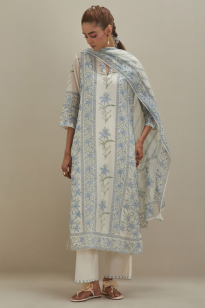Off-White Cotton Chanderi Floral Hand Block Printed Kurta Set by Kora at Pernia's Pop Up Shop