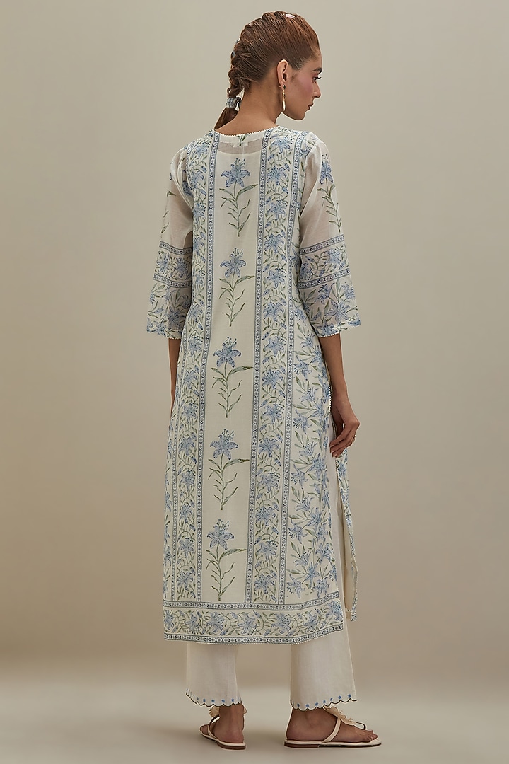 Off-White Cotton Chanderi Floral Hand Block Printed Kurta Set by Kora at Pernia's Pop Up Shop