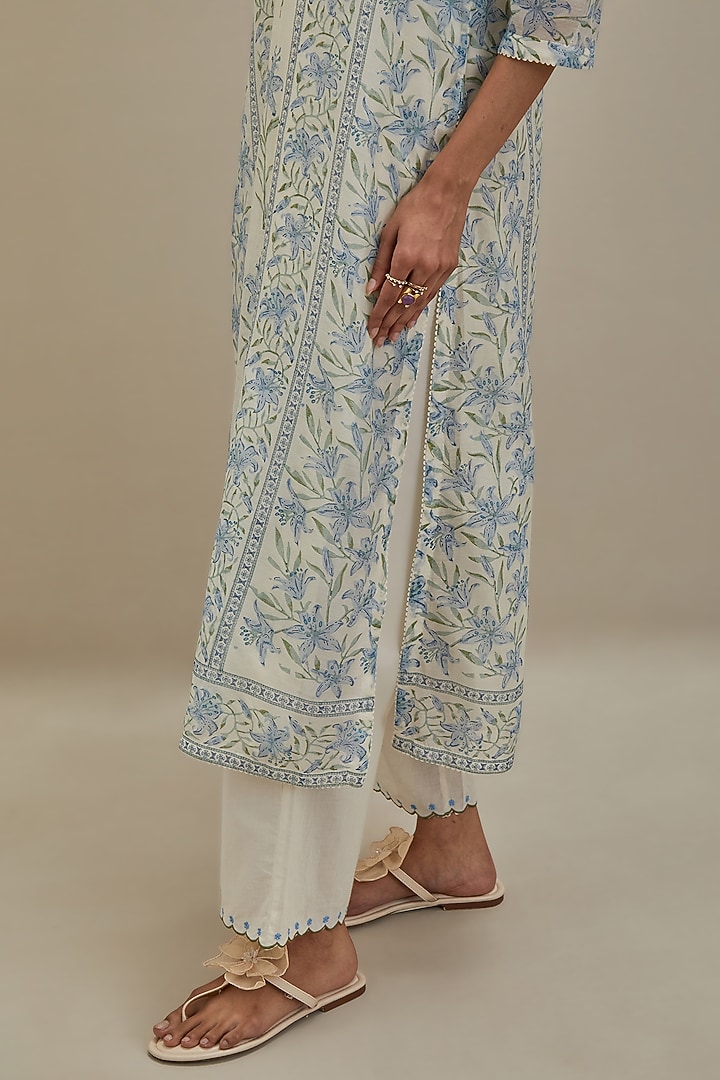 Off-White Cotton Chanderi Floral Hand Block Printed Kurta Set by Kora at Pernia's Pop Up Shop
