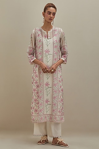 Off-White Cotton Chanderi Floral Hand Block Printed Kurta by Kora