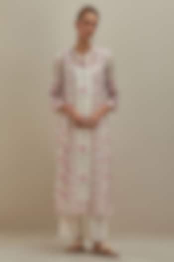 Off-White Cotton Chanderi Floral Hand Block Printed Kurta Set by Kora at Pernia's Pop Up Shop