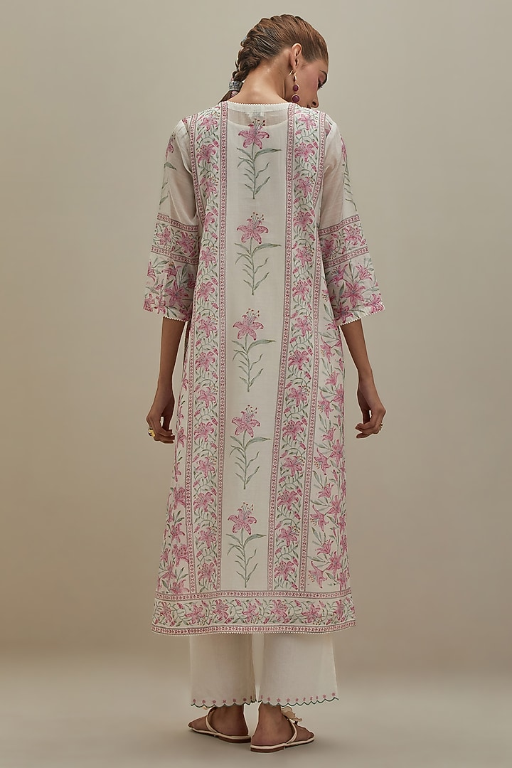 Off-White Cotton Chanderi Floral Hand Block Printed Kurta Set by Kora at Pernia's Pop Up Shop