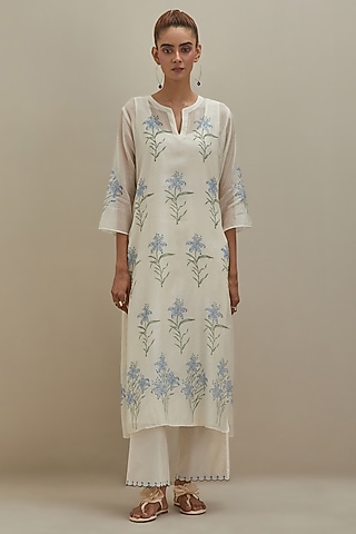 Off-White Cotton Chanderi Floral Hand Block Printed Kurta by Kora