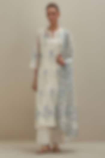 Off-White Cotton Chanderi Floral Hand Block Printed Kurta Set by Kora at Pernia's Pop Up Shop
