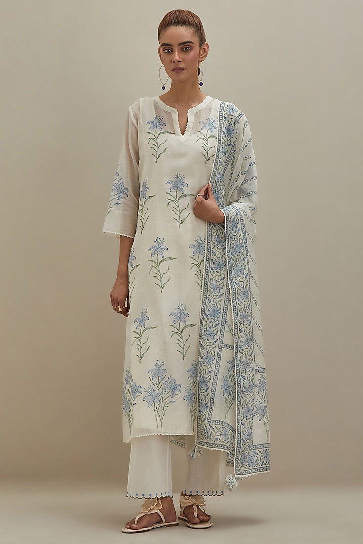 Off-White Cotton Chanderi Floral Hand Block Printed Kurta Set by Kora at Pernia's Pop Up Shop