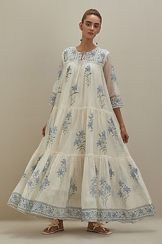 Off-White Cotton Chanderi Floral Hand Block Printed Kurta by Kora