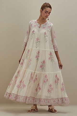 Off-White Cotton Chanderi Floral Hand Block Printed Kurta by Kora