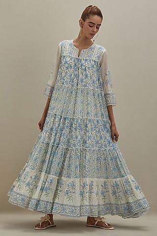 Off-White Cotton Chanderi Floral Hand Block Printed Kurta by Kora