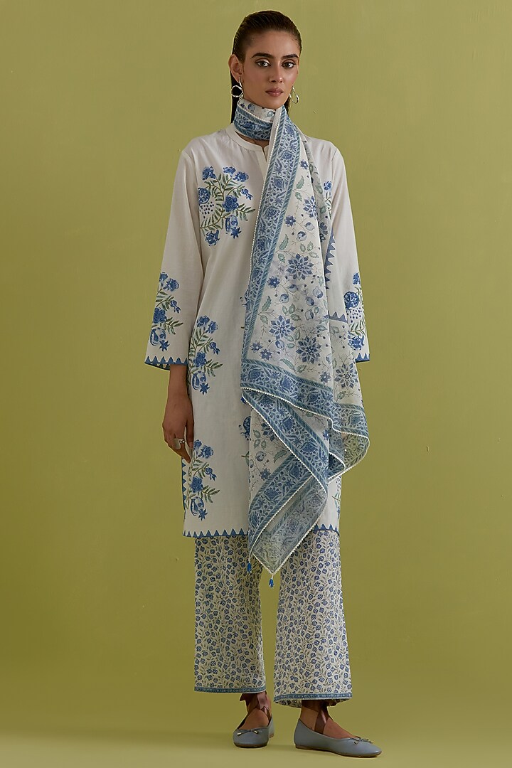 Off-White Cotton Hand-Block Printed Kurta Set by Kora at Pernia's Pop Up Shop