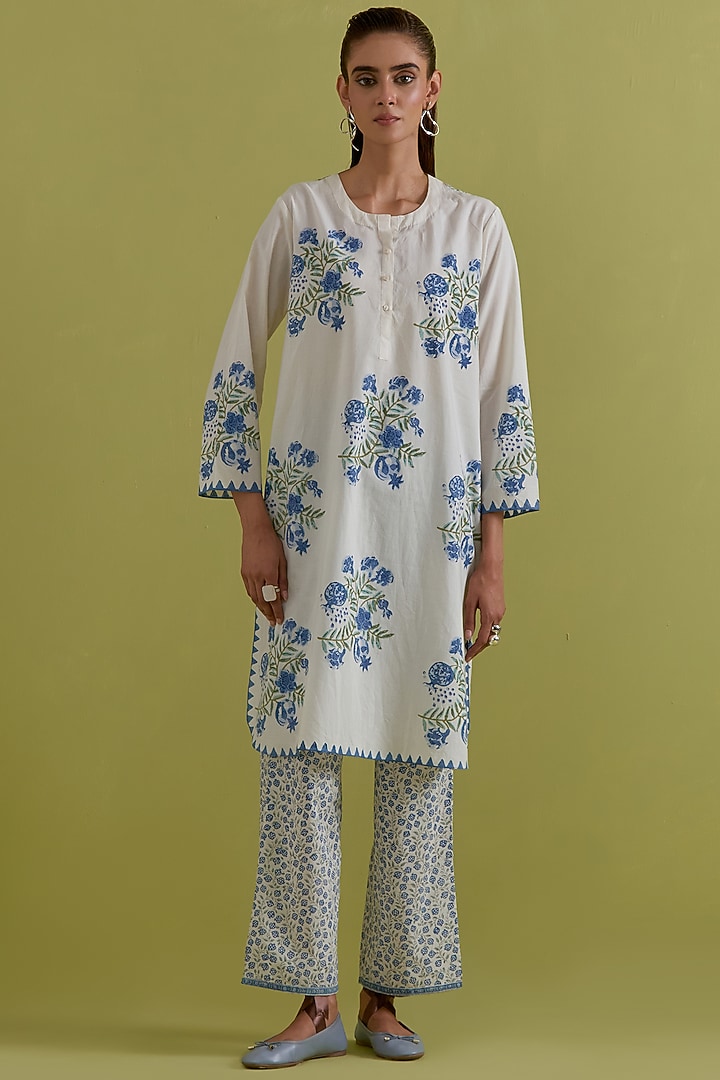 Off-White Cotton Hand-Block Printed Kurta Set by Kora at Pernia's Pop Up Shop