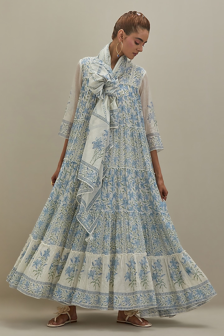 Off-White Cotton Chanderi Hand Block Printed Kurta Set by Kora at Pernia's Pop Up Shop