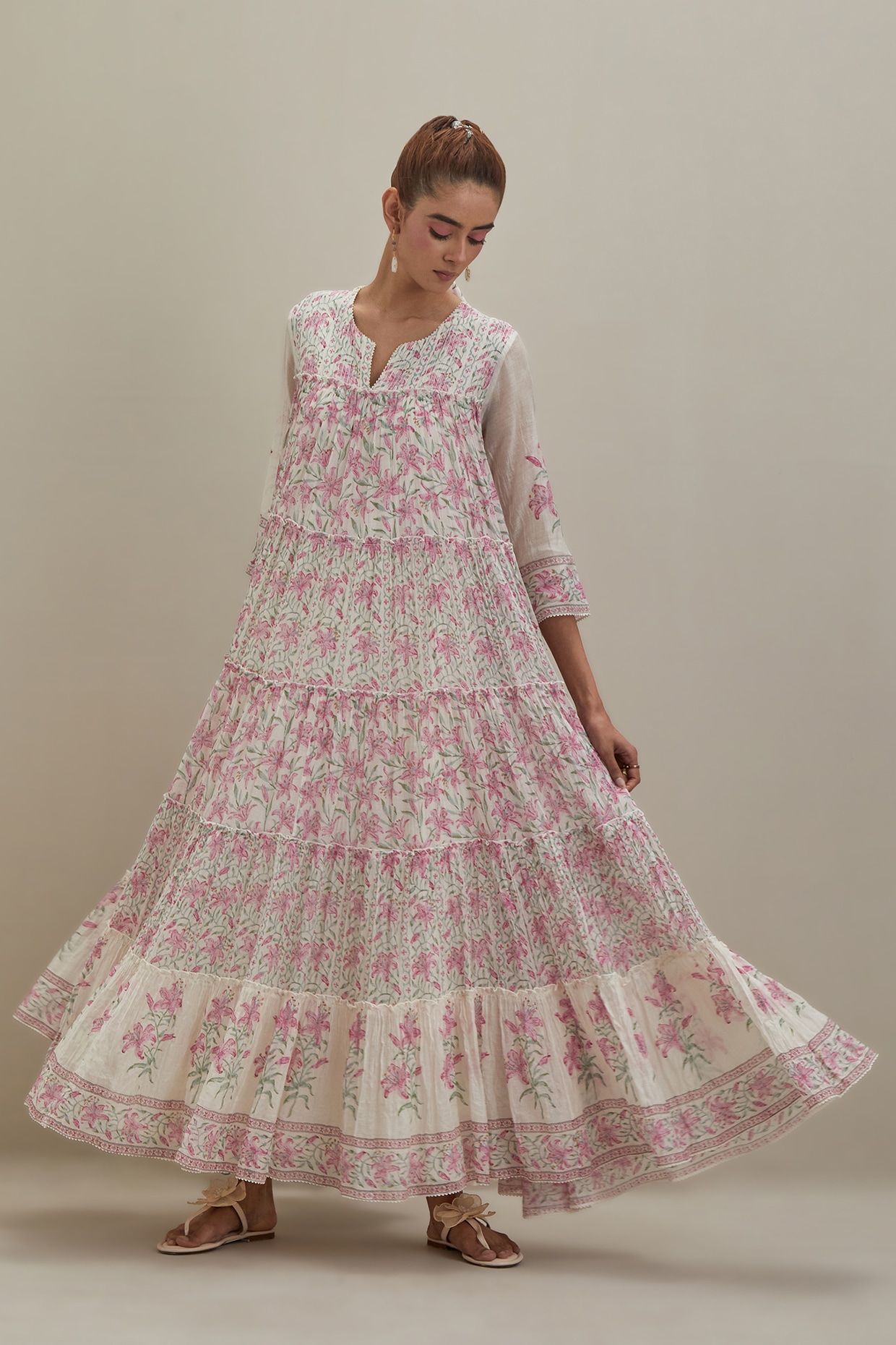Kora Off-White Cotton Chanderi Hand Block Printed Kurta