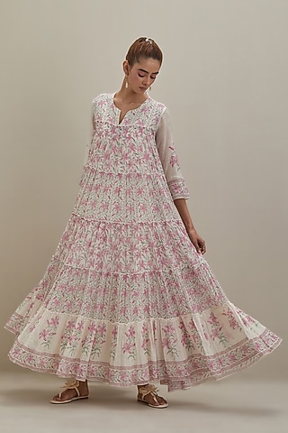 Off-White Cotton Chanderi Hand Block Printed Kurta by Kora