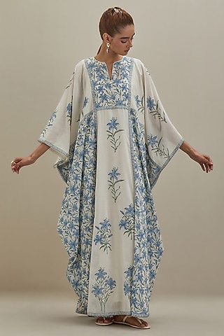 Off-White Cotton Chanderi Hand Block Printed Kaftan by Kora