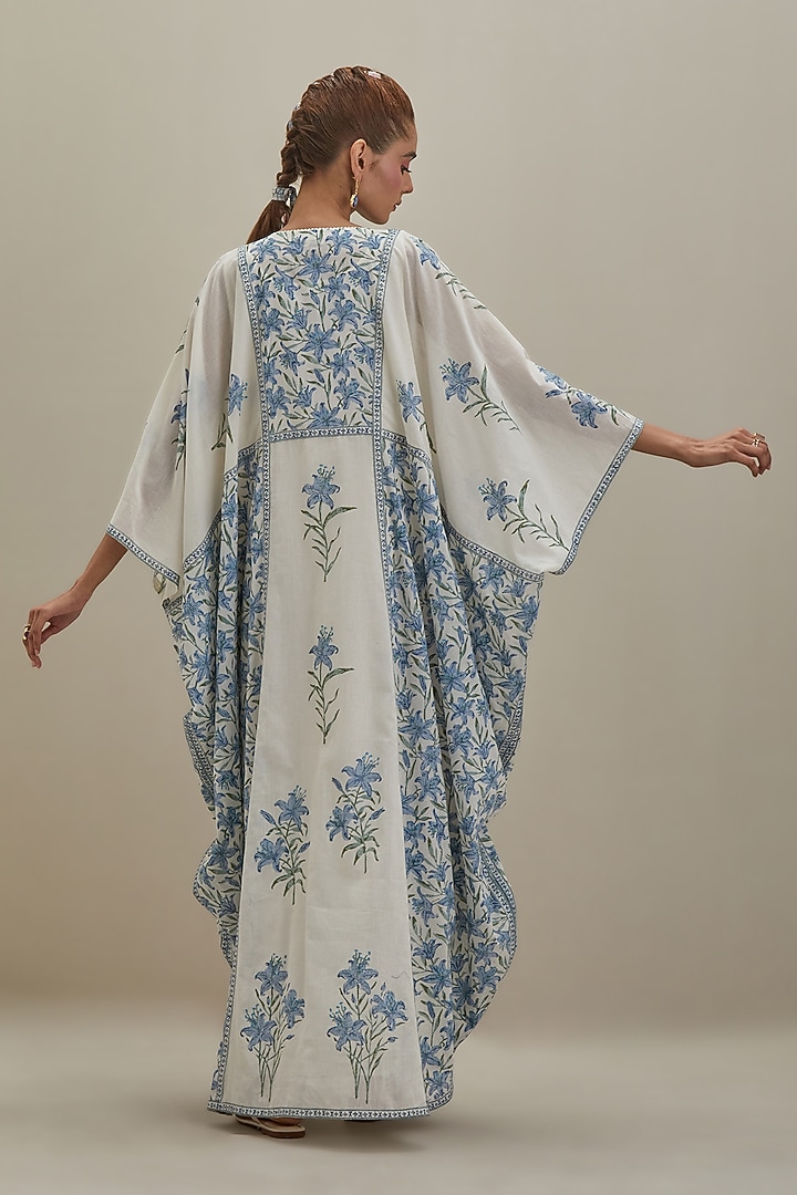Off-White Cotton Chanderi Hand Block Printed Kaftan by Kora at Pernia's Pop Up Shop