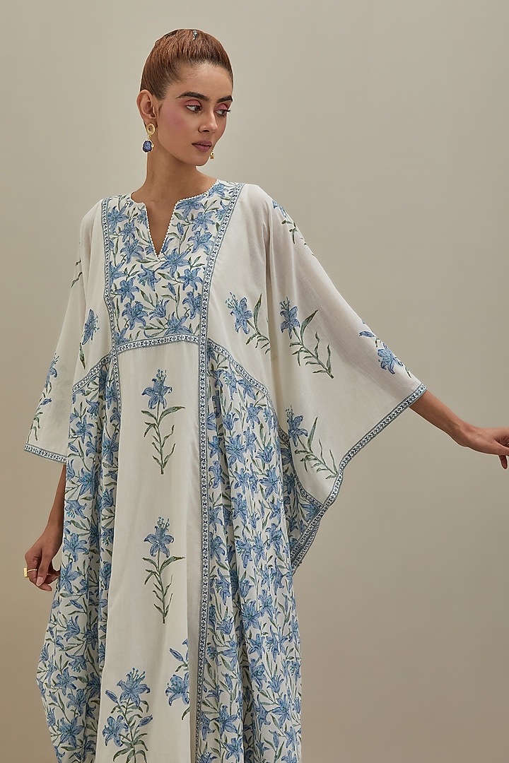 Off-White Cotton Chanderi Hand Block Printed Kaftan by Kora at Pernia's Pop Up Shop